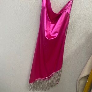 Pink Satin Dress w/ Fringe Rhinestone